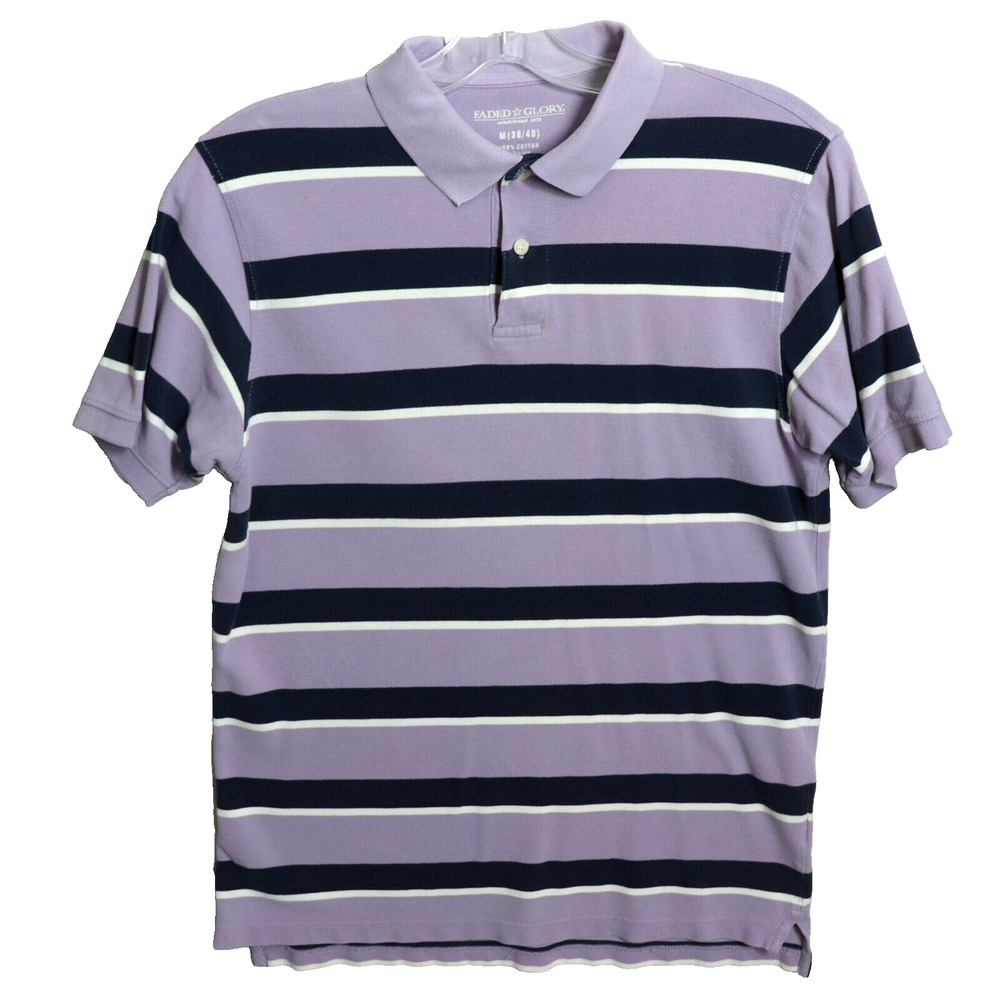 Faded Glory Polo Shirt Men L 42 44 Purple Navy White Striped Short Sleeve